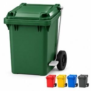 Contenedor de basura de 80 litros verde con pedal lateral y referencias en rojo, amarillo, azul y gris oscuro.