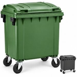 Contenedor de basura de 1100 litros verde con cuatro ruedas y referencia de color gris.