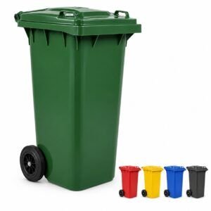 Contenedor de basura de 120 litros verde con dos ruedas y referencias en rojo, amarillo, azul y gris oscuro.