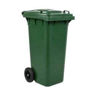 Contenedor de basura de 120 litros verde oscuro con tapa y dos ruedas, para empresas e industrias.
