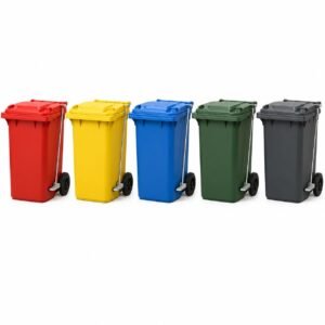 Contenedor de basura 240 litros con pedal metálico en rojo, amarillo, azul, verde y gris oscuro