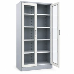 Vitrina metálica de 2 puertas con vidrio con una puerta abierta