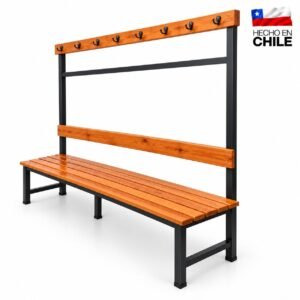 Banca para camarín con perchero, respaldo de madera y estructura metálica
