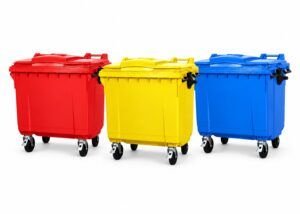 Contenedor de basura 1100 litros amarillo,rojo y azulcon 4 ruedas