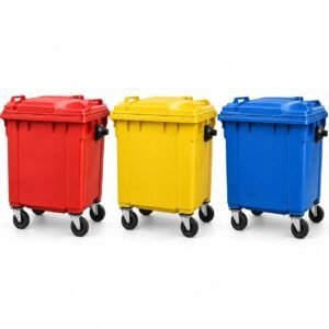 Contenedores de basura 1100 litros con 4 ruedas en colores rojo, amarillo y azul