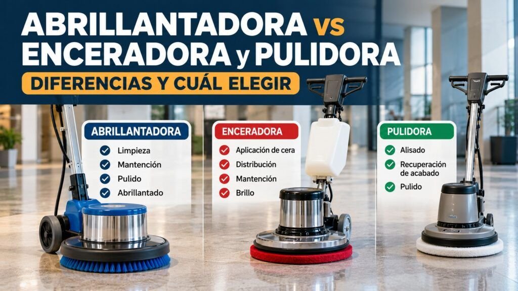 Comparación entre abrillantadora, enceradora y pulidora de pisos para limpieza, mantención, pulido y brillo