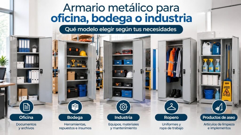 Armario metálico para oficina, bodega e industria según tipo de almacenamiento