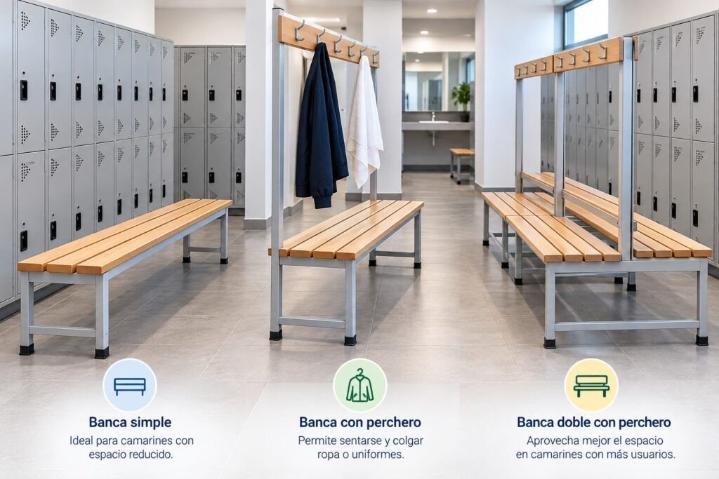 Banca para camarín simple, con perchero y doble según espacio y cantidad de usuarios