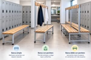 Banca para camarín simple, con perchero y doble según espacio y cantidad de usuarios