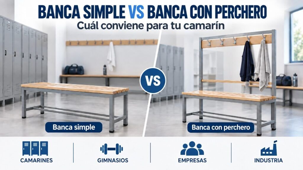 Banca simple vs banca con perchero para camarines, gimnasios, empresas e industria