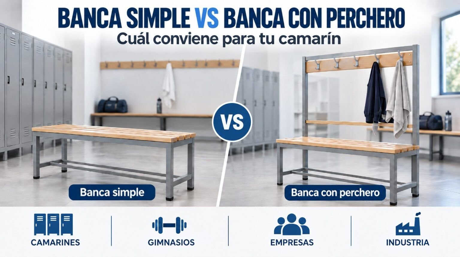 Banca simple vs banca con perchero para camarines, gimnasios, empresas e industria