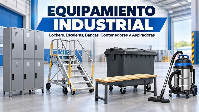 Equipamiento industrial Ingequipos: lockers metálicos, escalera tipo avión, banca para camarín, contenedor y aspiradora industrial