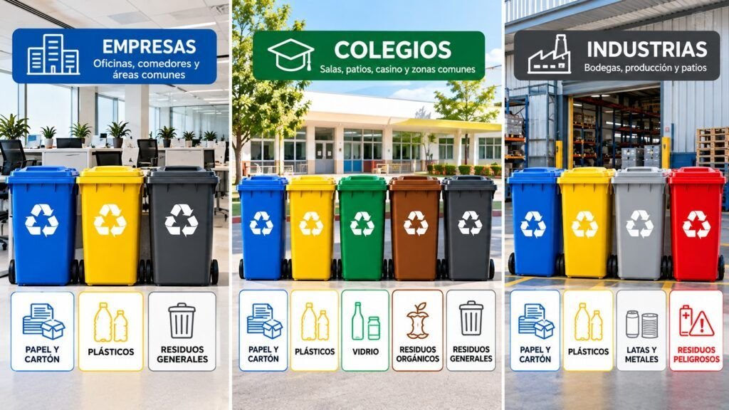 Color de contenedor de basura para empresas, colegios e industrias según tipo de residuo