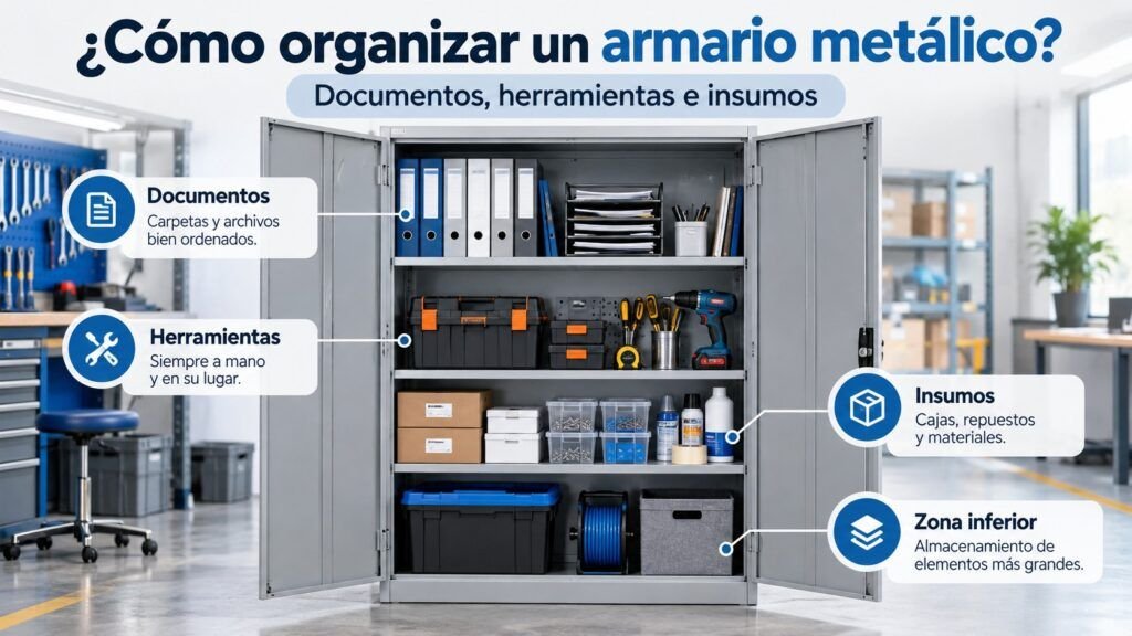 Cómo organizar un armario metálico con documentos, herramientas e insumos