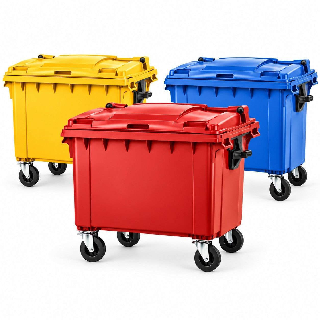Contenedores de basura de 660 litros en amarillo, rojo y azul con cuatro ruedas.