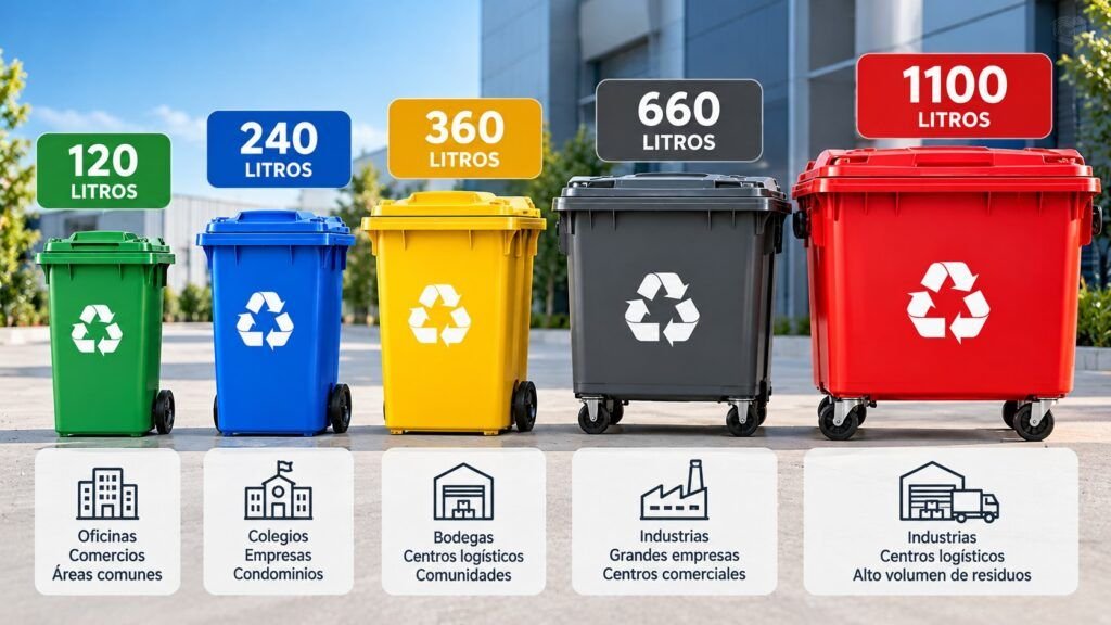 Contenedores de basura de 120, 240, 360, 660 y 1100 litros para distintos usos