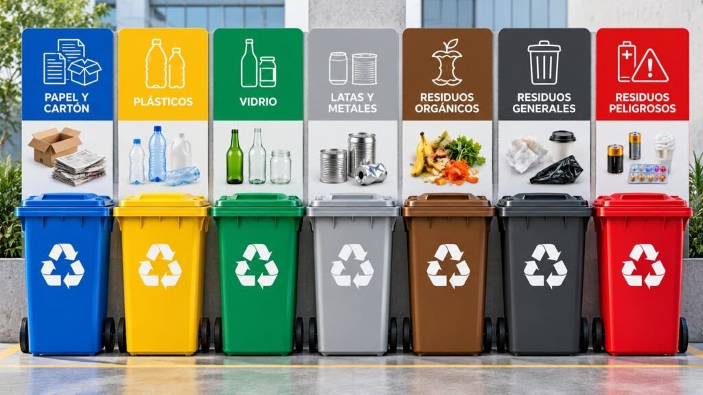 Contenedores de colores para reciclaje y separación de papel, plástico, vidrio, metales, orgánicos y residuos generales