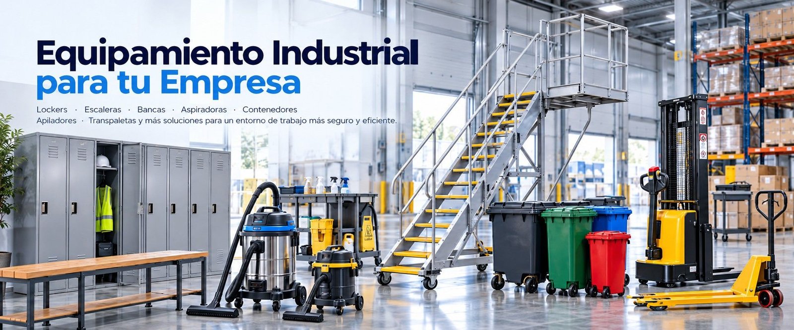 Equipamiento industrial con escalera tipo avión, lockers metálicos, bancas para camarines, aspiradoras industriales y contenedores de basura.