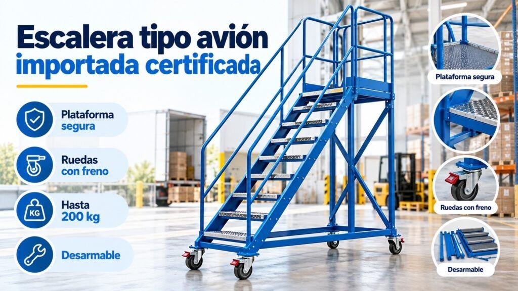 Escalera tipo avión importada certificada con plataforma, ruedas con freno y capacidad de hasta 200 kg