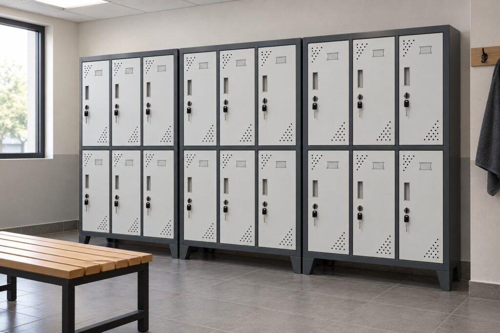 Ambientación ilustrativa de camarín con lockers metálicos grises y banca de madera y metal