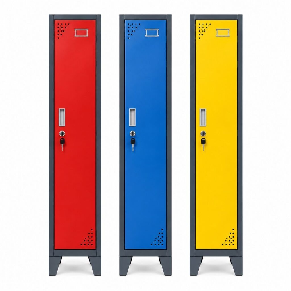 Lockers personalizados en colores rojo, azul y amarillo con pintura electrostática según requerimiento del cliente