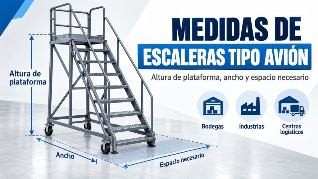 Infografía de escaleras tipo avión industriales con medidas de altura de plataforma, ancho y espacio necesario para su instalación y uso seguro