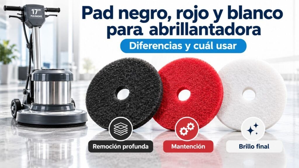Pads negro, rojo y blanco para abrillantadora industrial de 17 pulgadas, según uso de remoción, mantención y brillo