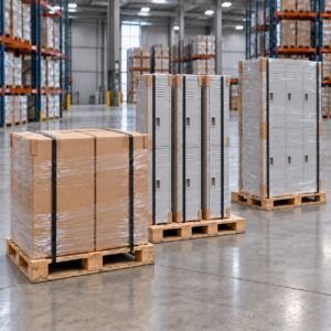 Cajas y lockers embalados con film y zunchos sobre pallets de madera para despacho